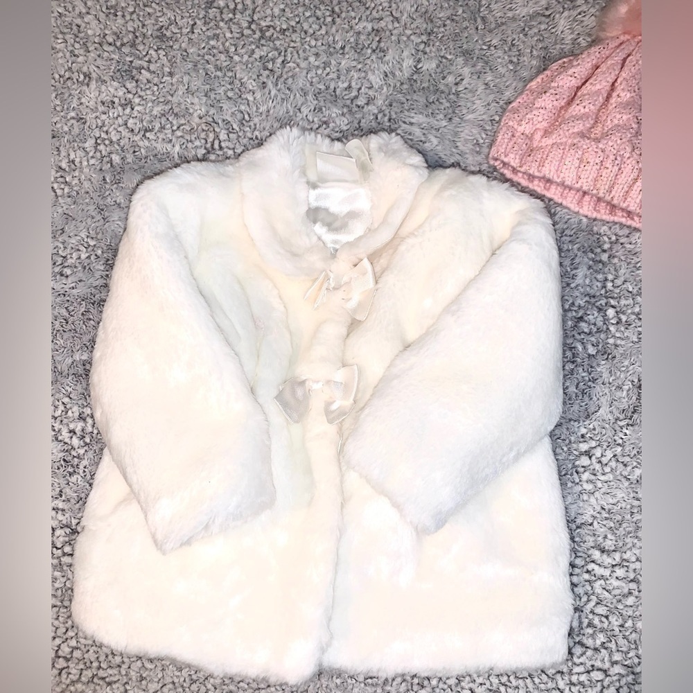 Koala Baby Boutique Vegan White Fur Coat and pink beanie hat 12 mos. - Picture 3 of 13